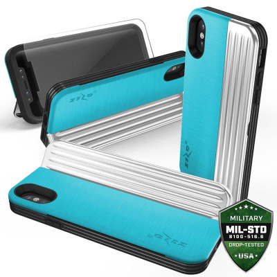 Niebiesko-czarne etui Zizo Retro Series do iPhone X/Xs z charakterystyczną żebrowaną fakturą, widoczne w trzech ujęciach z certyfikatem MIL-STD 810G-516.6.