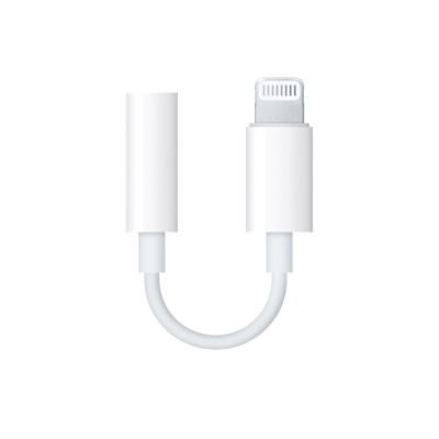 Biała przejściówka Apple Lightning na 3.5 mm Jack z kablem w kształcie litery U, łącząca złącze słuchawkowe z wtykiem Lightning do urządzeń iPhone.