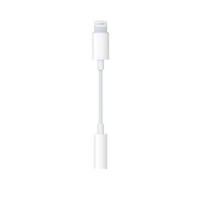 Biała przejściówka Apple Lightning na 3.5 mm Jack z kablem w kształcie litery U, łącząca złącze słuchawkowe z wtykiem Lightning do urządzeń iPhone.