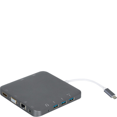 Szara stacja dokująca eSTUFF USB-C Docking Hub z wieloma portami, w tym HDMI, VGA, Ethernet, USB-A oraz czytnikiem kart, połączona białym kablem z wtykiem
