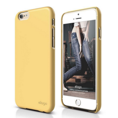 Żółte etui Elago Slim Fit 2 do iPhone 6/6S ukazane z dwóch stron, prezentujące wycięcia na przyciski, aparat oraz logo marki na dolnej części obudowy.