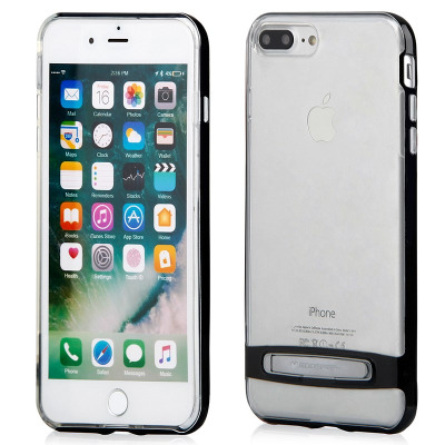 Czarne etui Mercury Dream Bumper do iPhone 7/8 Plus, widok na przód telefonu z interfejsem iOS oraz tył urządzenia z przezroczystymi pleckami i podstawką.