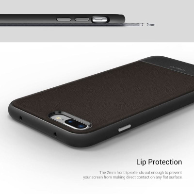 Brązowe etui Obliq Flex Pro do iPhone 7/8 Plus z widoczną wyspą aparatów oraz profil z zaznaczoną krawędzią 2 mm chroniącą ekran przed zarysowaniem.