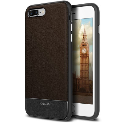 Brązowe etui Obliq Flex Pro do iPhone 7/8 Plus z teksturowanym wykończeniem i logo marki, prezentujące podwójny aparat oraz widok na ekran z Big Benem.