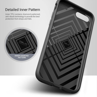 Wnętrze etui Obliq Flex Pro do iPhone 7/8 Plus z widocznym diamentowym wzorem anti-shock oraz logo producenta, ukazane w zbliżeniu na detale konstrukcyjne.