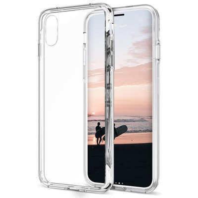 Bezbarwne etui Zizo typu PC+TPU do iPhone X oraz Xs, ukazane w rzucie izometrycznym z widocznym profilem telefonu z tapetą przedstawiającą plażę o zachodzie.