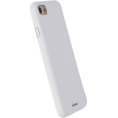 Białe etui Krusell Bello Cover do iPhone 8, 7 oraz SE 2020 z widocznym wycięciem na aparat, przyciskami bocznymi oraz logo marki w dolnym rogu obudowy.