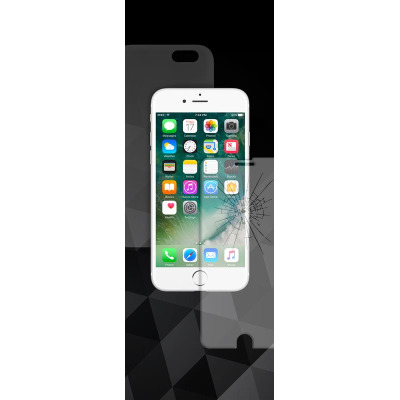 Przezroczyste etui PURO Ultra Slim do iPhone 7/8 wraz ze szkłem hartowanym, na którym młotek uderza w pękniętą powierzchnię, z dopiskiem 2 in 1 w rogu.