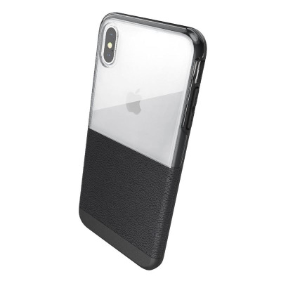 Czarne etui X-Doria Dash do iPhone Xs Max z przezroczystą górną częścią i teksturowanym dolnym panelem, ukazane w ujęciu pod kątem na tylną obudowę.