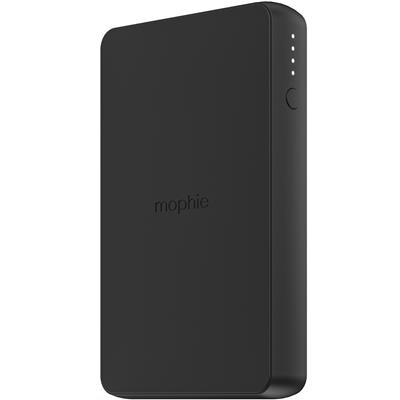 Czarna bateria przenośna Mophie Power Station Wireless z widocznym logo producenta, wskaźnikiem naładowania LED oraz przyciskiem zasilania na bocznej krawędzi.