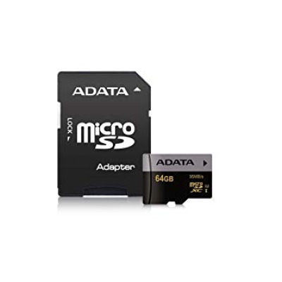 Karta pamięci microSD ADATA Premier Pro z adapterem SD w pełnym rozmiarze, widoczna z przodu na białym tle z wyraźnym logo marki oraz oznaczeniami.