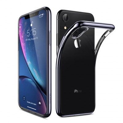 Czarne etui ESR Essential do iPhone Xs Max, prezentowane w dwóch ujęciach: z przodu z włączonym ekranem oraz z tyłu podczas nakładania na obudowę telefonu.