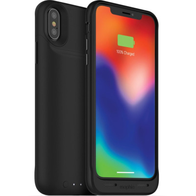 Czarne etui z baterią Mophie juice Pack Air do iPhone X/Xs, ukazujące tył z wycięciem na aparat oraz przód telefonu z ikoną ładowania 100 procent na ekranie.