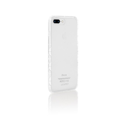 Przezroczyste etui Odoyo Air Edge na iPhone 7/8 Plus, widok na tylny panel z wycięciem na podwójny aparat oraz logo producenta i napisy na obudowie.