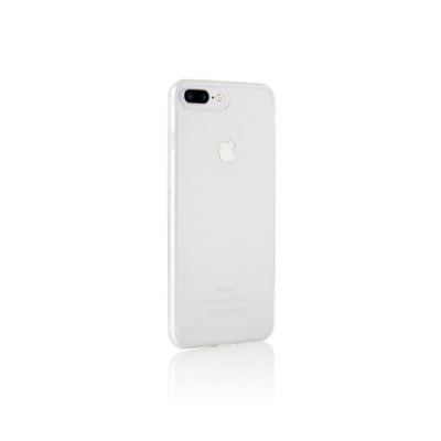 Przezroczyste etui Odoyo Soft Edge na iPhone 7 Plus lub 8 Plus, ukazujące tył telefonu z wycięciem na podwójny aparat oraz logo Apple na obudowie.