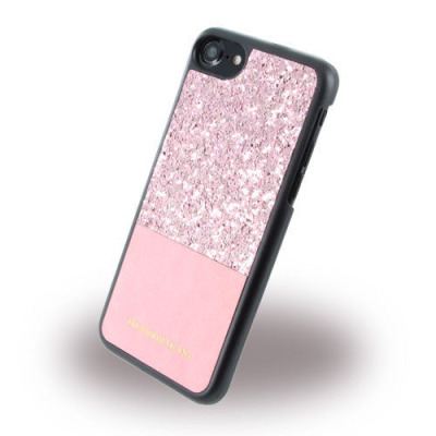 Różowe etui Trussardi do iPhone 7, 8 oraz SE 2020 z brokatową górną częścią i gładkim dołem, widoczne pod kątem z wycięciem na wyspę aparatów.