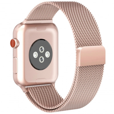 Bransoleta Tech-Protect Milaneseband w kolorze różowego złota do Apple Watch, widok na kopertę zegarka od strony czujników tętna oraz magnetyczne zapięcie