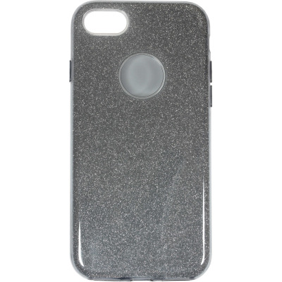 Srebrne etui eStuff Sparkle do iPhone 6, 7, 8 oraz SE 2020 z mieniącą się brokatową fakturą, widocznym wycięciem na aparat oraz okrągłym otworem na logo.