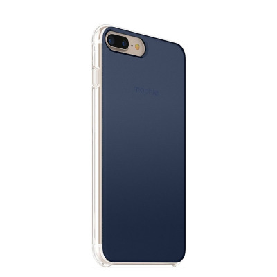 Granatowe etui Mophie Gradient do iPhone 7/8 Plus nałożone na telefon, widok prezentujący tył z podwójnym aparatem oraz przód z włączonym ekranem blokady.