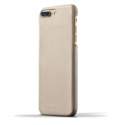 Szampańskie skórzane etui Mujjo do iPhone 7/8 Plus, ukazujące profil urządzenia z widoczną wyspą aparatów oraz logotypem marki wytłoczonym na dole obudowy.