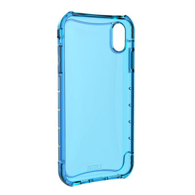 Niebieskie przeźroczyste etui UAG Plyo do iPhone Xs Max z wycięciem na aparat, widoczne z profilu z wyraźnym logo marki na dolnej krawędzi obudowy.