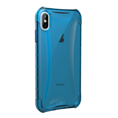 Niebieskie przeźroczyste etui UAG Plyo do iPhone Xs Max, widok na tylny panel z wycięciem na aparat oraz wytłoczonym logo marki w dolnej części obudowy.