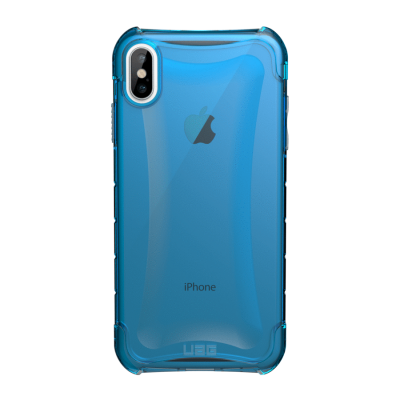 Niebieskie przeźroczyste etui UAG Plyo na iPhone Xs Max z widoczną wyspą aparatów, logo Apple na obudowie telefonu oraz logotypem marki UAG u dołu plecków.