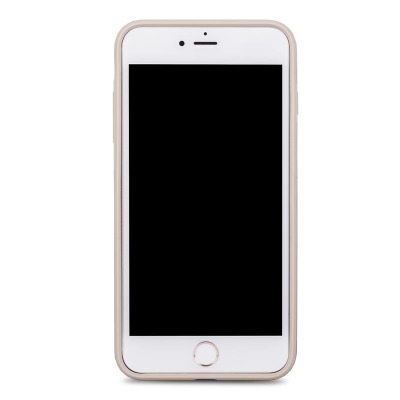 Żółte etui Moshi iGlaze założone na biały telefon iPhone 7/8 Plus, widok od frontu na ekran urządzenia z charakterystycznym przyciskiem Home.