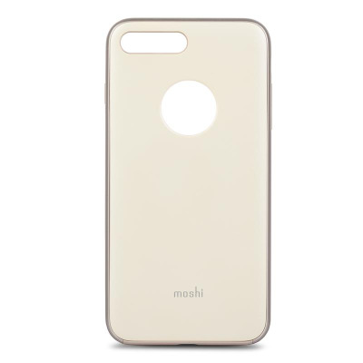 Żółte etui Moshi iGlaze do iPhone 7/8 Plus z wycięciem na aparat i logo marki na dolnej części plecków, ukazane w widoku od strony tylnej obudowy.