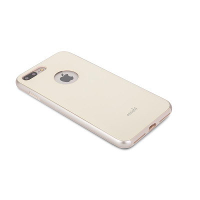 Żółte etui Moshi iGlaze do iPhone 7/8 Plus z wycięciem na logo Apple, widoczne od strony plecków z wyeksponowaną wyspą aparatów oraz portem ładowania.