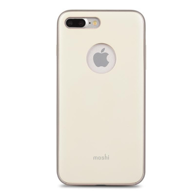 Żółte etui Moshi iGlaze do iPhone 7/8 Plus z wycięciem na logo Apple, widocznym podwójnym aparatem oraz napisem Moshi na dolnej części tylnej obudowy.