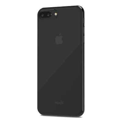 Czarne etui Moshi SuperSkin na iPhone 7/8 Plus, widok na tył urządzenia z wycięciem na podwójny aparat, lampę błyskową oraz logo marki u dołu obudowy.