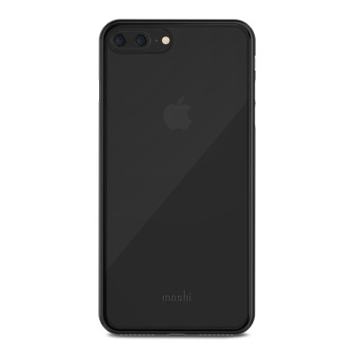 Czarne etui Moshi SuperSkin na iPhone 7/8 Plus, widok na tył telefonu z wycięciem na podwójny aparat, lampę błyskową oraz logo producenta u dołu obudowy.