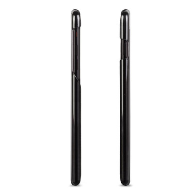 Czarne etui Moshi XT do iPhone 7 Plus oraz 8 Plus, ukazane w widoku profilowym z obu stron, prezentujące precyzyjne wycięcia na przyciski i porty.