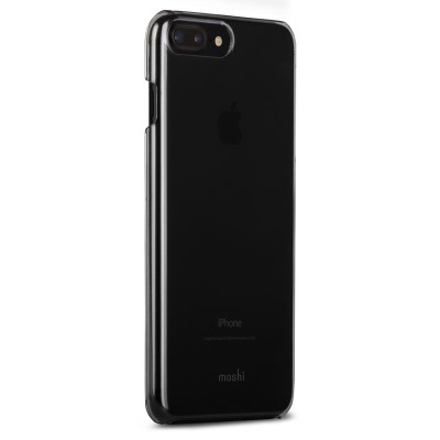 Czarne etui Moshi XT do iPhone 7/8 Plus w ujęciu z profilu, ukazujące przezroczystą konstrukcję, wycięcie na aparat oraz logo marki na tylnej obudowie.
