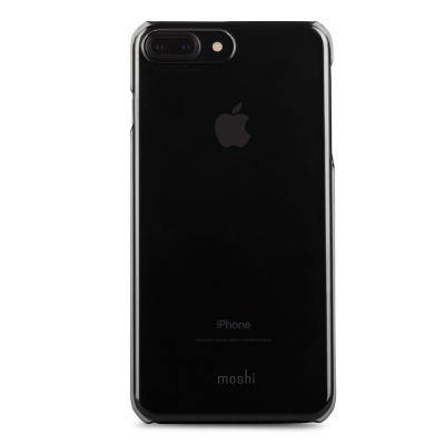 Czarne etui Moshi XT na iPhone 7/8 Plus z przezroczystymi krawędziami, ukazujące tylny panel urządzenia z logo Apple oraz napisem Moshi na dole obudowy.