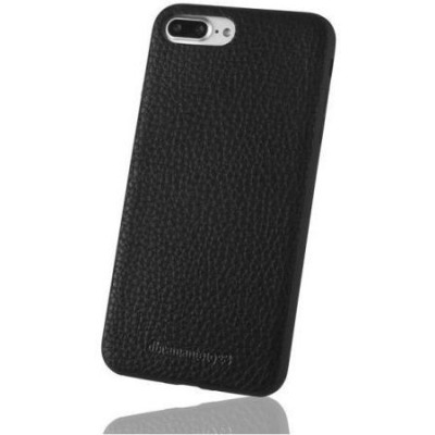 Czarne etui dbramante1928 Billund do iPhone 7/8 Plus o fakturze skóry, z widocznym wycięciem na podwójny aparat oraz wytłoczonym logo marki w dolnej części.