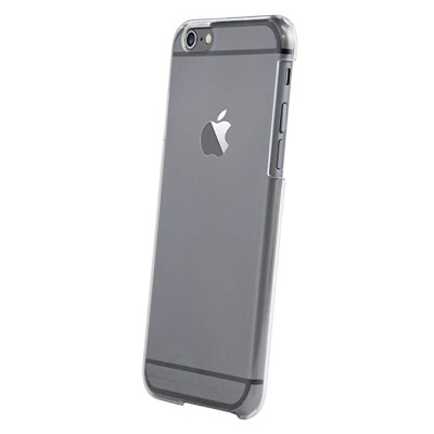 Przezroczyste etui Evouni Crystal nałożone na szarego iPhone 6 lub 6s Plus, ukazujące tylny panel z logo Apple oraz boczne przyciski w ujęciu pod kątem.