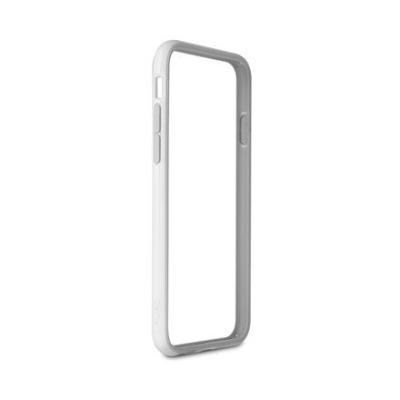 Białe etui typu bumper marki Puro do iPhone 6 oraz 6s Plus, ukazane w widoku z profilu z wyraźnie zaznaczonymi przyciskami głośności oraz wycięciem na port.