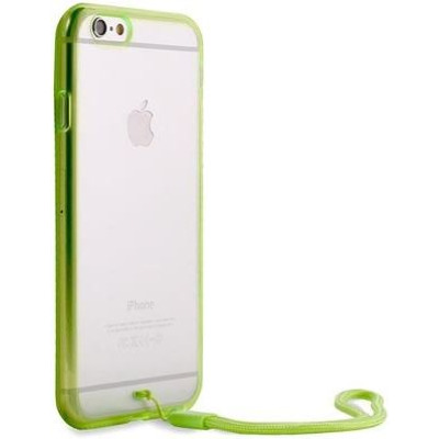 Limonkowe etui Puro Clear Cover Easy Photo do iPhone 6/6s z przezroczystymi pleckami, widocznym logo Apple oraz dołączoną smyczą w kolorze obudowy.
