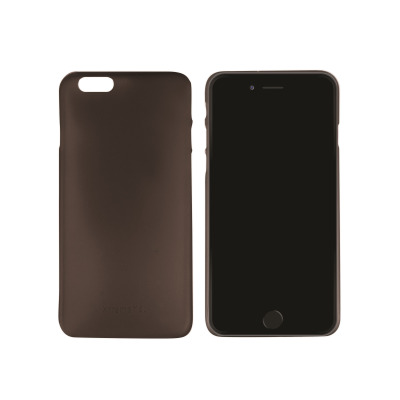 Ciemnobrązowe etui XtremeMac Microshield Thin do iPhone 6/6s obok smartfona z czarnym ekranem, widok na tylną część pokrowca z wycięciem na aparat.