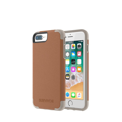 Brązowe etui Griffin Survivor Prime Leather do iPhone 7/8 Plus z teksturowaną powierzchnią, wzmocnionymi narożnikami i wycięciem na podwójny aparat.
