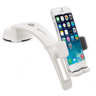 Biały uchwyt samochodowy OSO Mount Arc Pro z zamontowanym smartfonem iPhone o srebrnej obudowie, ukazujący regulowane ramię oraz zaciski podtrzymujące telefon.