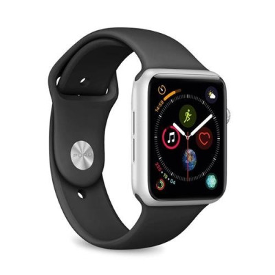 Czarny pasek silikonowy marki Puro do Apple Watch 44/46mm z metalowym zapięciem typu pin, założony na srebrną kopertę zegarka z widoczną tarczą aktywności.