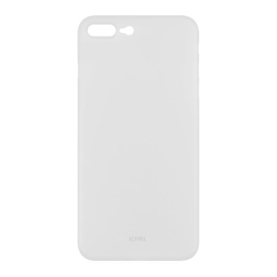Przezroczyste etui JCPAL nałożone na różowy iPhone 7/8 Plus, widok na tylny panel z charakterystyczną wyspą aparatów oraz logo producenta u dołu obudowy.