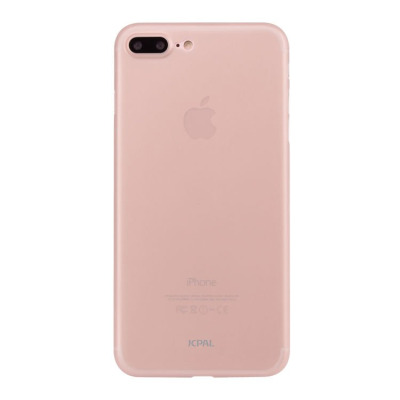 Przezroczyste etui JCPAL nałożone na różowy iPhone 7/8 Plus, widok na tylny panel z charakterystyczną wyspą aparatów oraz logo producenta u dołu obudowy.