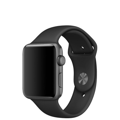 Czarna silikonowa opaska Tech-Protect do Apple Watch, widoczna na zegarku z boku z wyraźnym przyciskiem funkcyjnym i pokrętłem Digital Crown na kopercie.