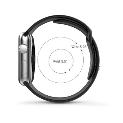 Czarna silikonowa opaska Tech-Protect do Apple Watch, widok z boku na zapięty pasek z naniesionymi wymiarami obwodu nadgarstka 5.51 oraz 8.26 cala.