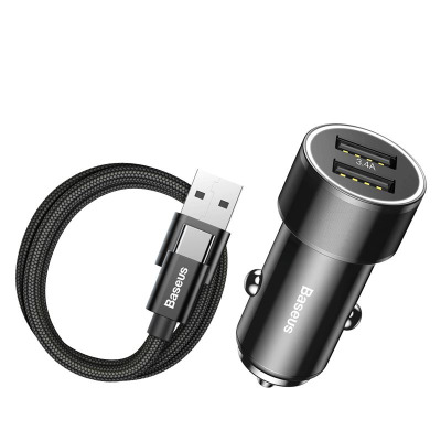 Ładowarka samochodowa 2 x USB, 3.4 A + kabel USB-C Baseus Small Screw - czarna