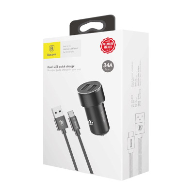 Ładowarka samochodowa 2 x USB, 3.4 A + kabel USB-C Baseus Small Screw - czarna